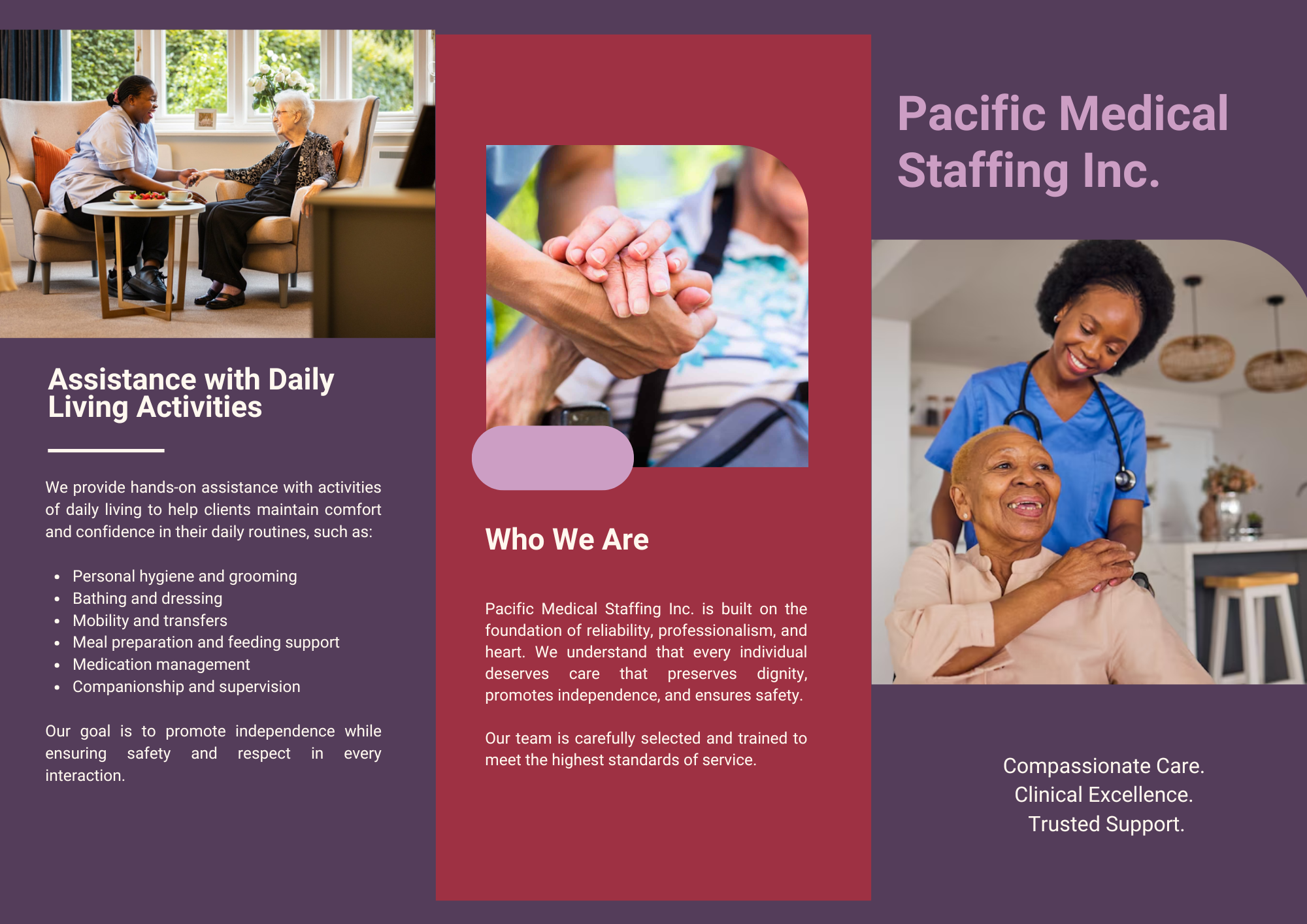 Pacific Medical Staffing brochure showing daily living assistance